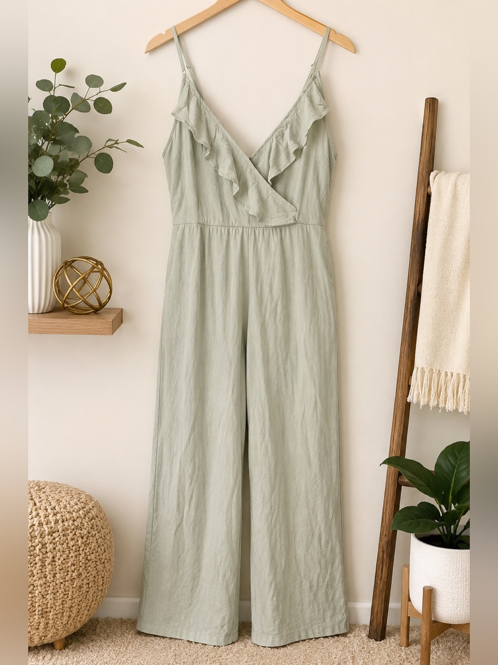 Sage Green Tencel Wide Leg Cropped Jumpsuit |‎ Size Large